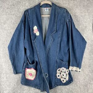 VTG LA 405 Denim Jacket Blazer Womens Large Crochet Artsy Grandma 80s 90s FLAW